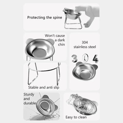 304 Stainless Steel Raised Cat Bowl 15 Elevated Design Tilted Neck Guard Healthy Feeding