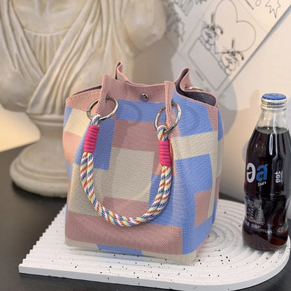 Color-Block Knitted Bucket Bag – Retro Striped Handbag