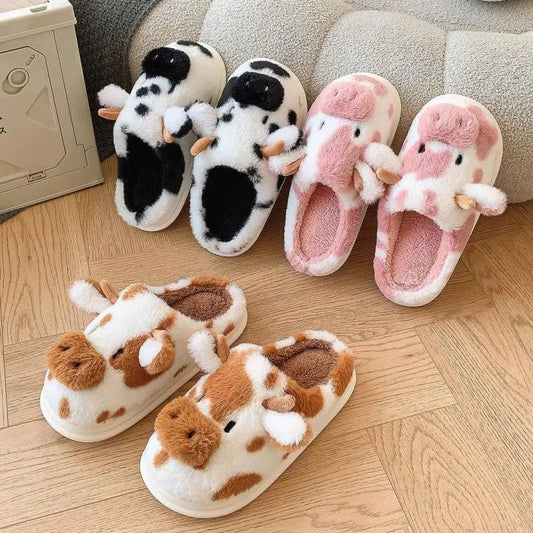 Cute Cartoon Cow Plush Slippers for Women Winter Home Shoes