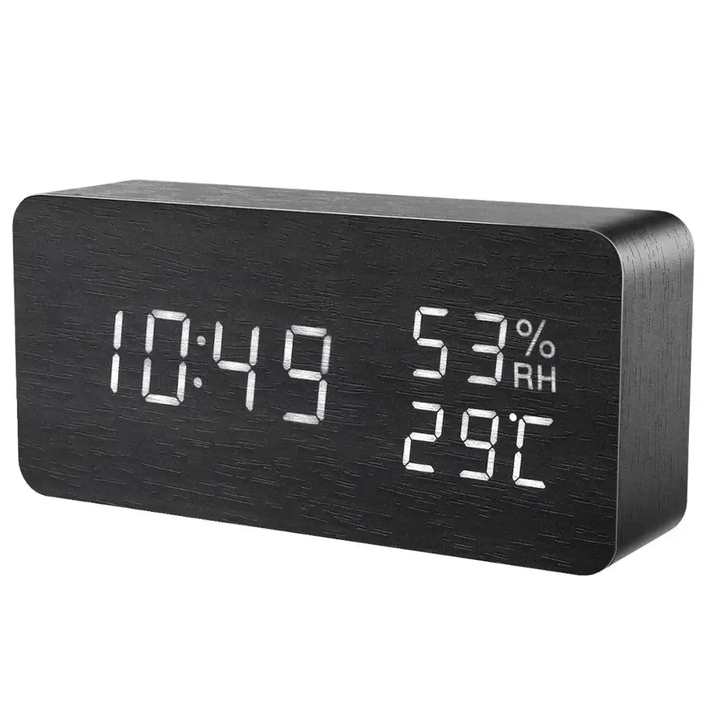 Wooden LED Digital Alarm Clock – Voice Control, Temp & Humidity