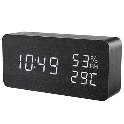 Wooden LED Digital Alarm Clock – Voice Control, Temp & Humidity
