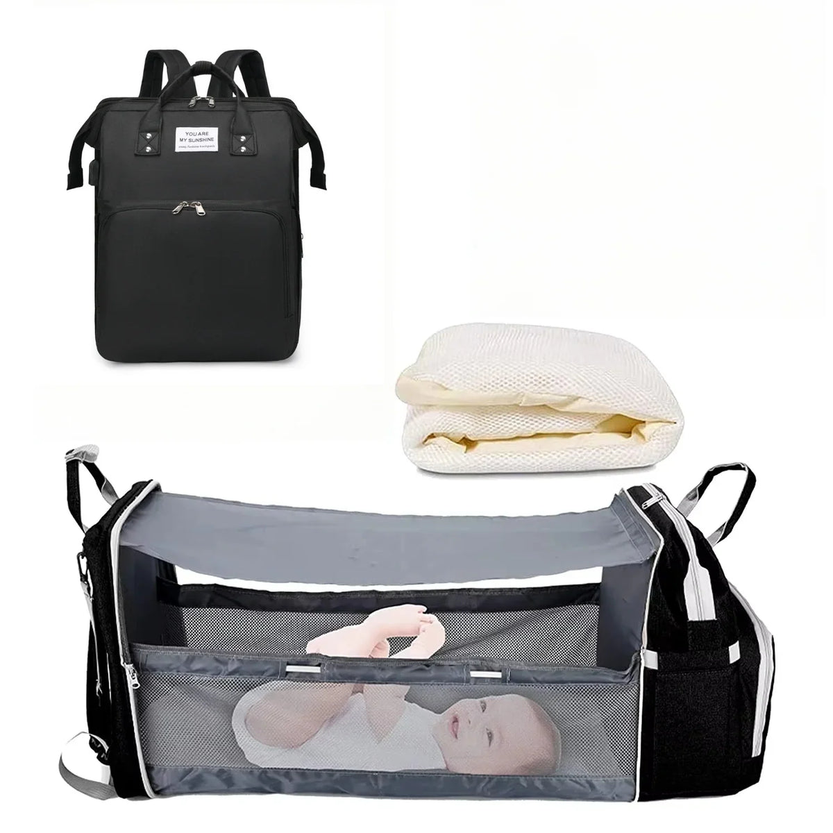 3-in-1 Diaper Bag Backpack with Foldable Baby Bed & USB Charge