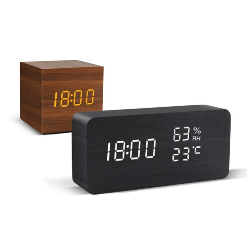 Wooden LED Digital Alarm Clock – Voice Control, Temp & Humidity
