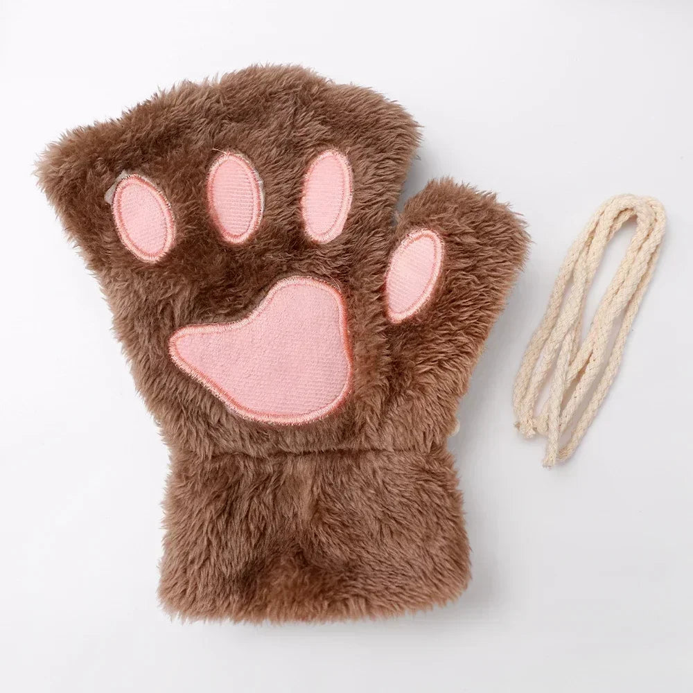 Cute Plush Cat Paw Fingerless Gloves, Warm & Soft Winter Mittens