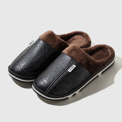 Plus Size PU Leather Fur Lined Winter Slippers for Men & Women