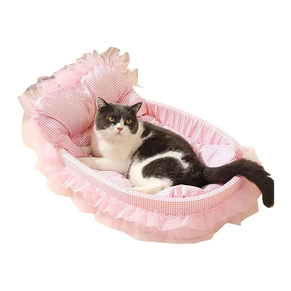 Cute Lace-Trimmed Pet Cat Princess Sofa Bed Four Seasons Washable Removable Soft Plush Oval Small