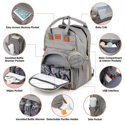 3-in-1 Diaper Bag Backpack with Foldable Baby Bed & USB Charge